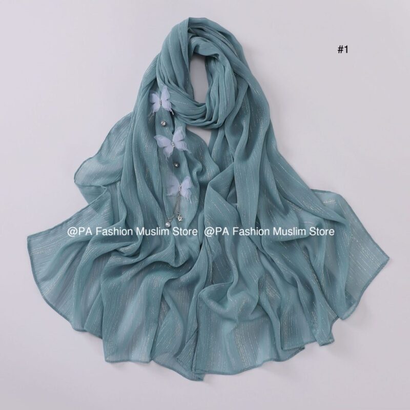 New Silver Wrinkled butterfly Long Scarf​ Headscarf Muslim - Image 2